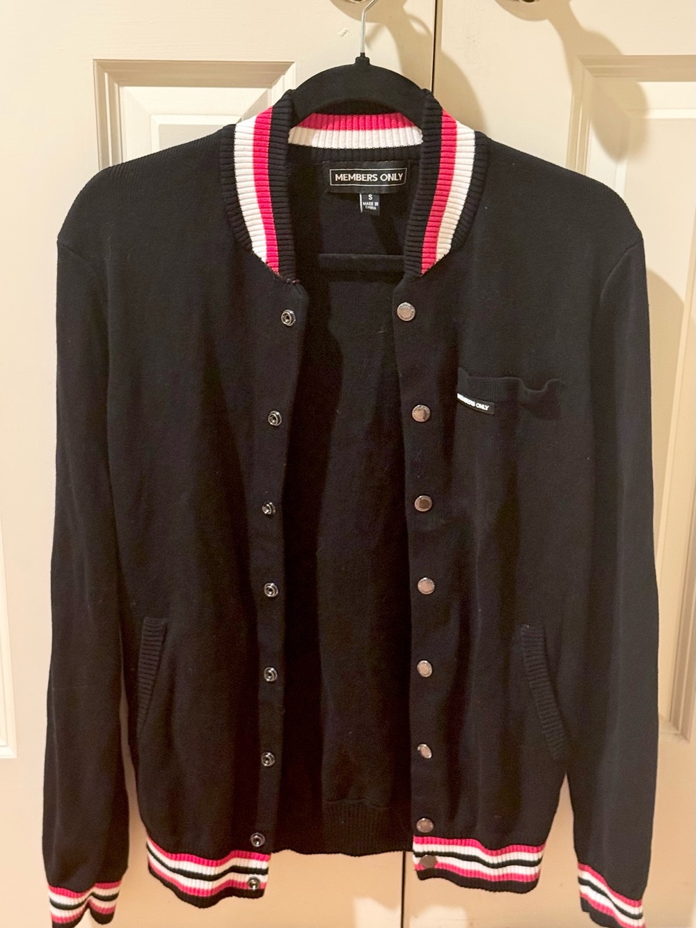 Members Only black snap button cotton sweater cardigan red and white stripes